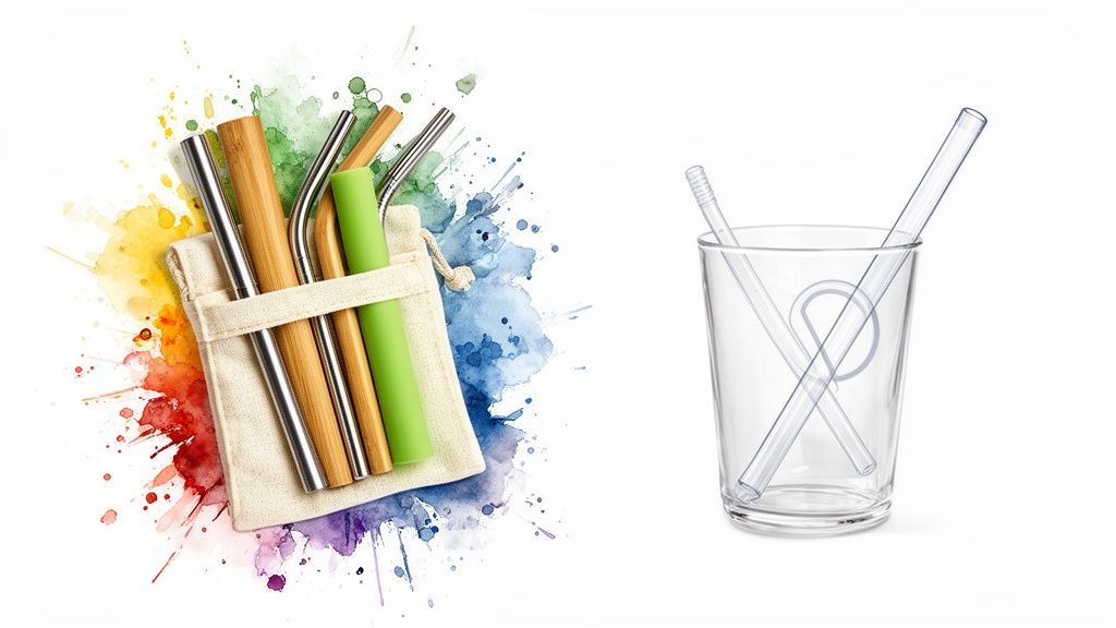 A diverse collection of reusable straws made from metal, bamboo, silicone, and glass, promoting sustainability.