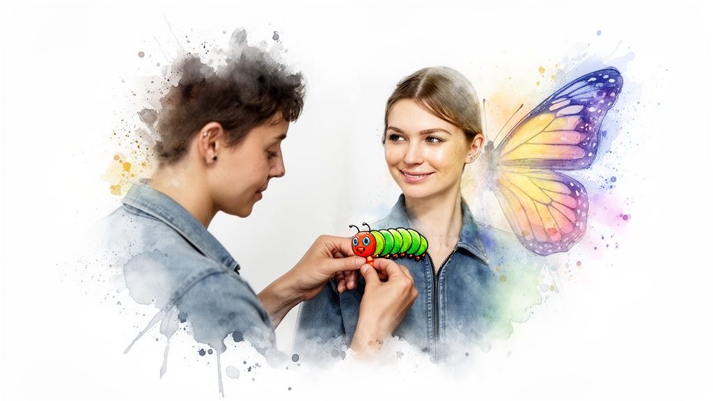 A person gently places a caterpillar on another person, who has colorful butterfly wings, symbolizing transformation.