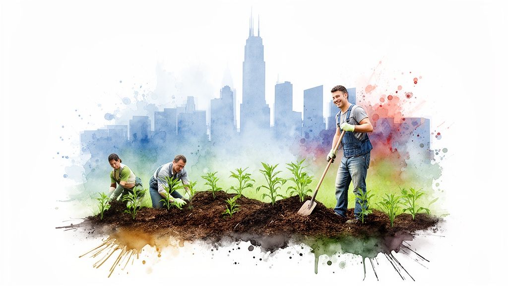Three men planting green seedlings in an urban garden with a watercolor city skyline.