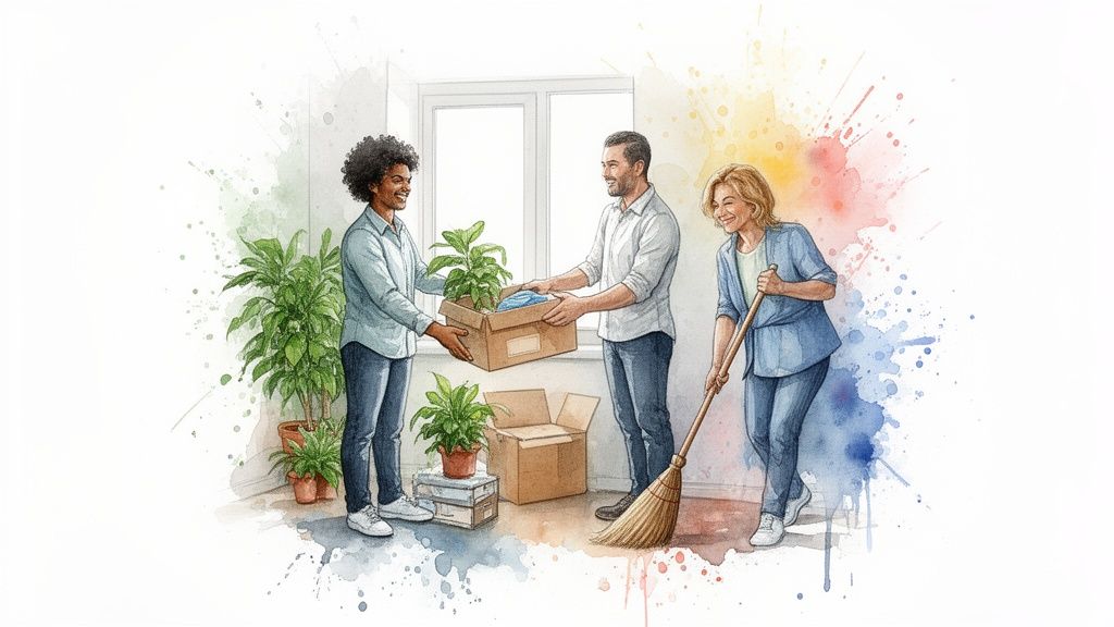 Three diverse people smiling and working together, moving boxes with plants and sweeping a clean space.