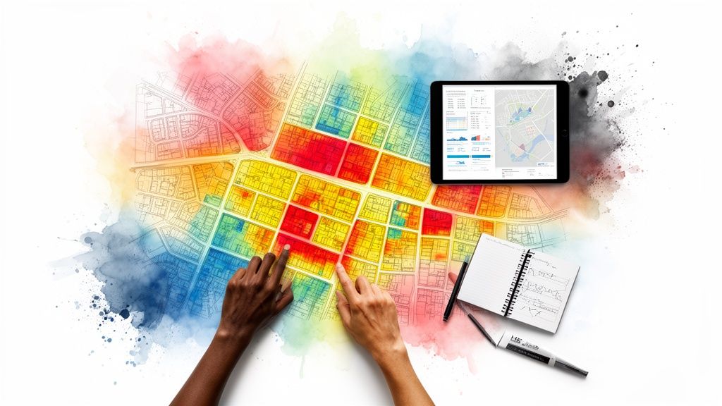 Hands analyze a colorful city map with a heat overlay, alongside a tablet showing data and a notebook.