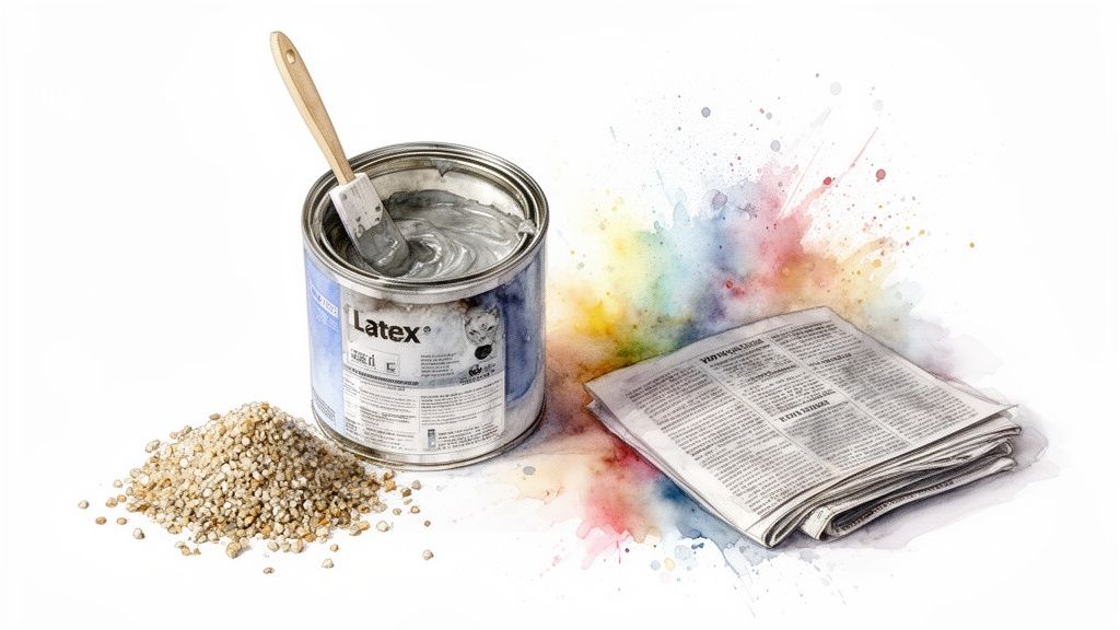 A can of latex paint with a brush, a pile of granules, and newspapers for paint disposal.