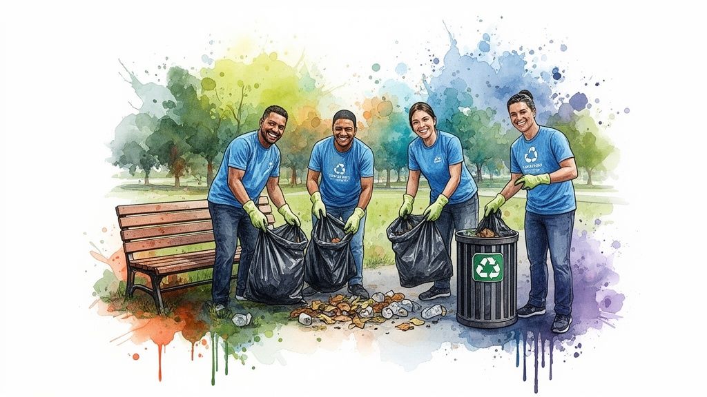 Four smiling volunteers in a watercolor park illustration are collecting litter into trash bags and a recycling bin.
