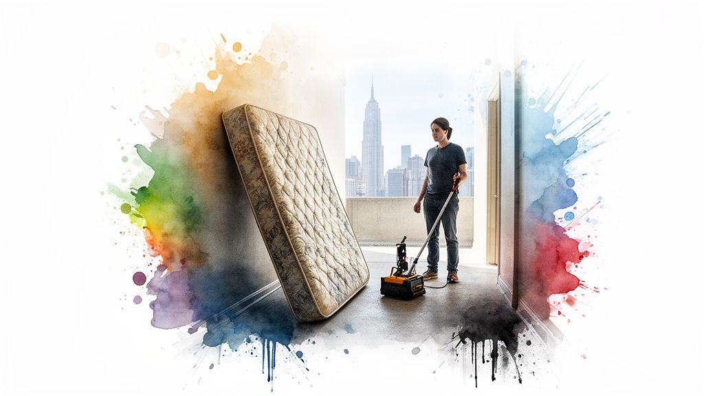 A man operates a mattress cleaning machine next to an old mattress with a city skyline.
