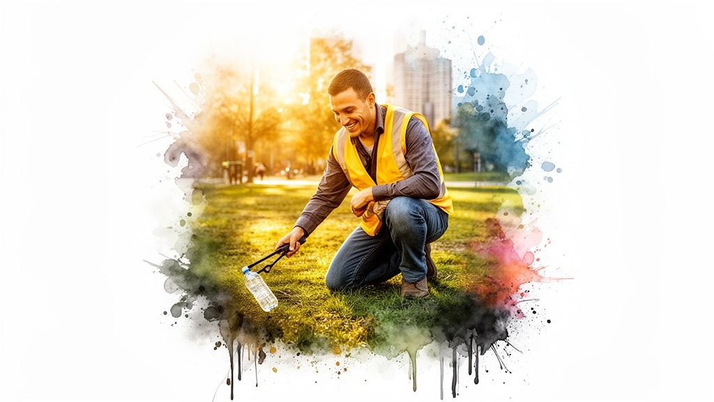 A smiling man in a yellow vest kneels on grass, picking up a plastic bottle with a trash grabber.