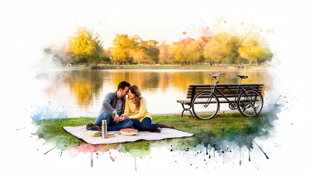 Romantic couple enjoying a fall picnic by a scenic lake with a bicycle nearby.