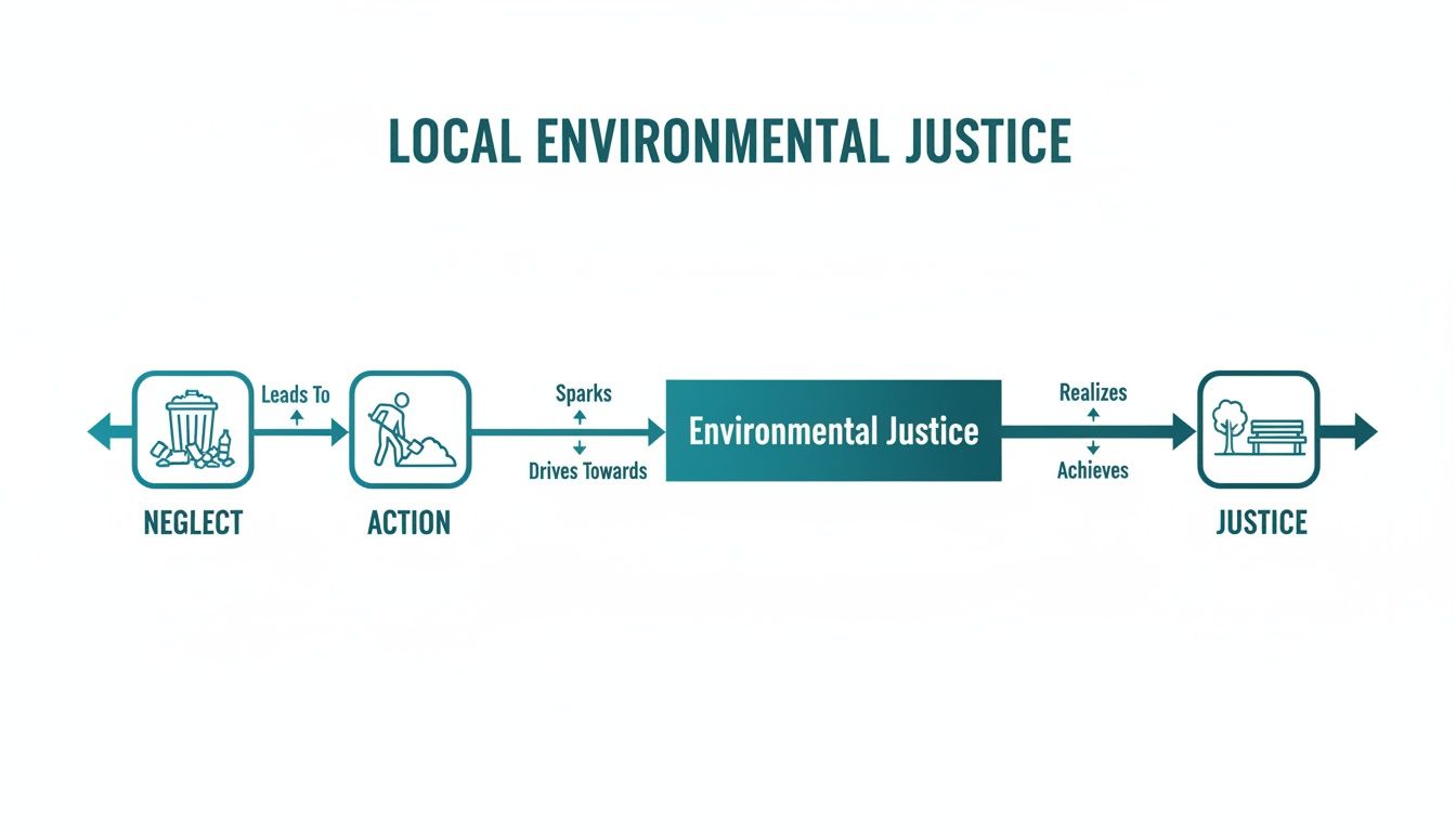 A process diagram showing Neglect (trash) leading to Action (shoveling), which sparks Environmental Justice and achieves Justice (park bench).
