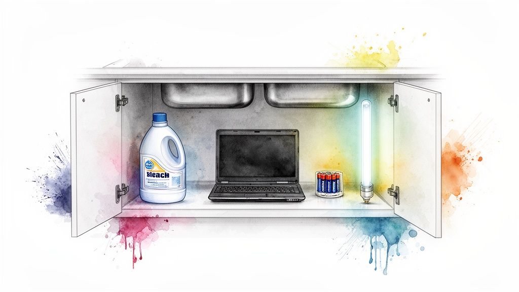 A cabinet holds household hazardous waste like bleach, batteries, a laptop, and a light bulb.