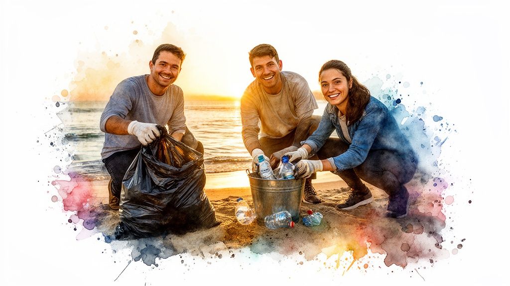 Three smiling volunteers collect trash and plastic bottles on a beach at sunset.