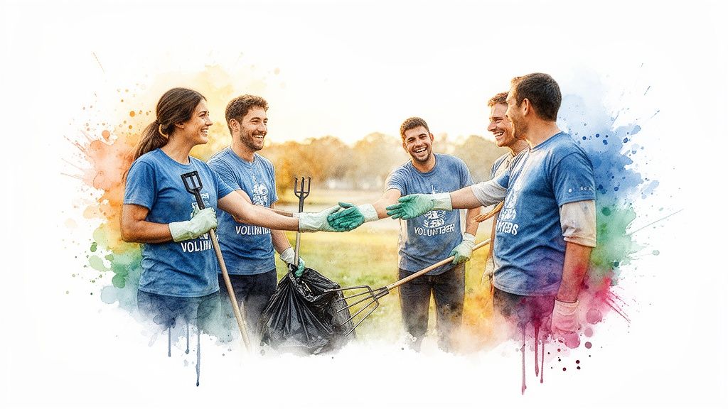 Five diverse volunteers in blue shirts and gloves, holding tools, smiling and shaking hands.