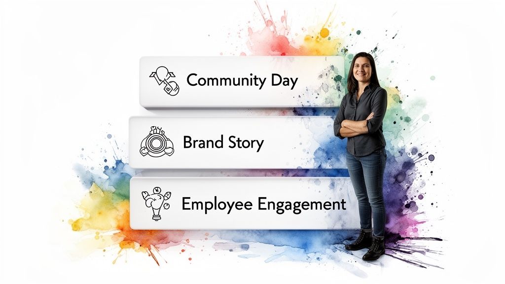 Smiling woman next to infographic boxes for community, brand, and employee engagement strategies.