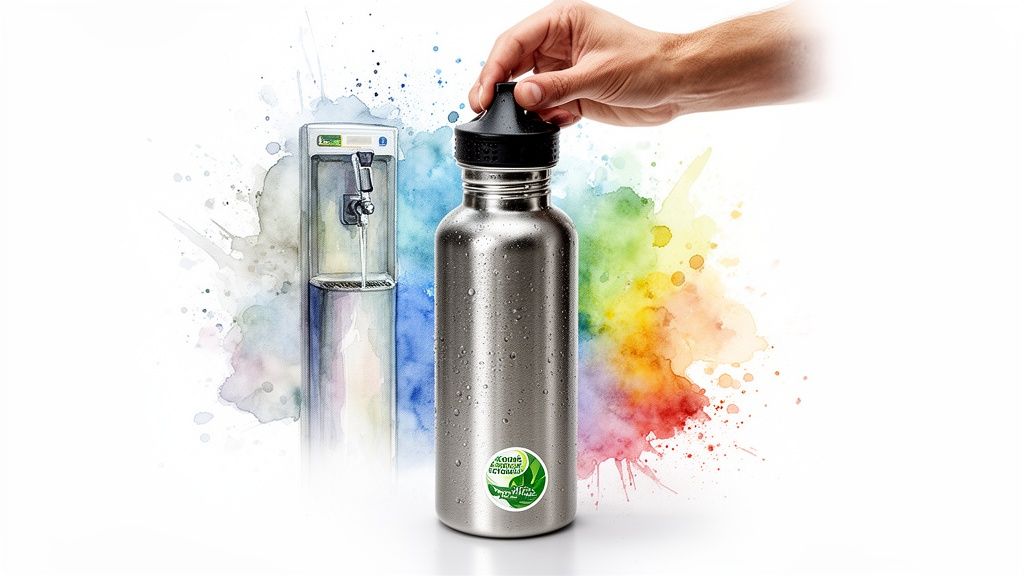 Hand holding a reusable stainless steel water bottle with a green eco-sticker near a water dispenser.