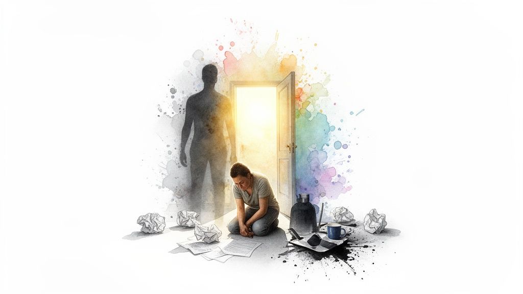 A person kneels in despair amid crumpled papers, with a shadowy figure and a bright door symbolizing hope.