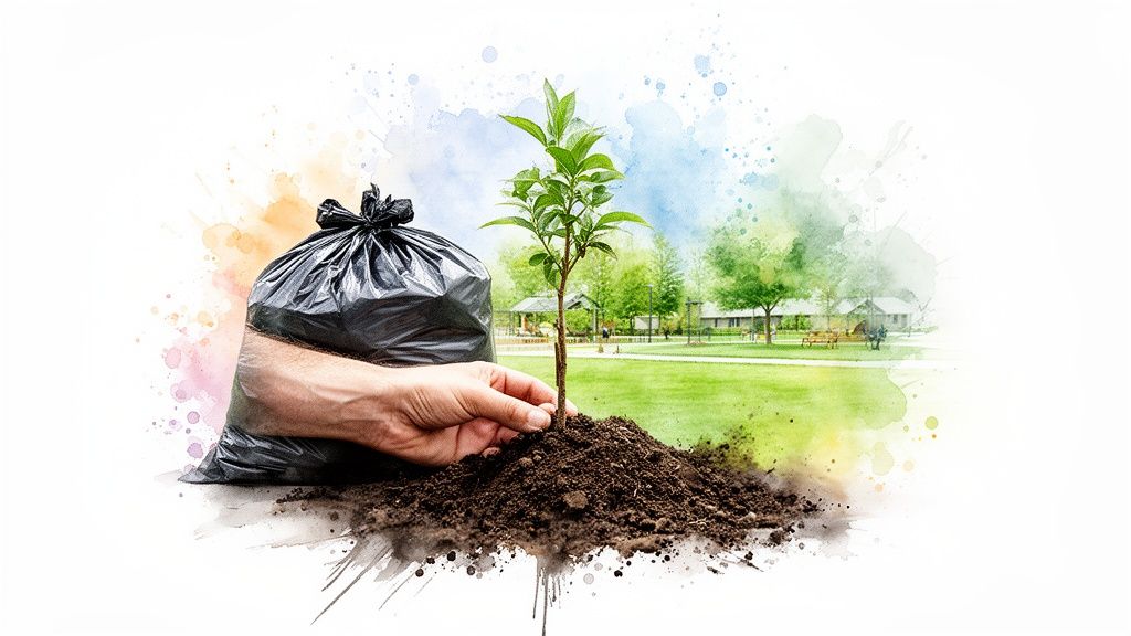A hand plants a small green tree next to a black garbage bag in a watercolor park.