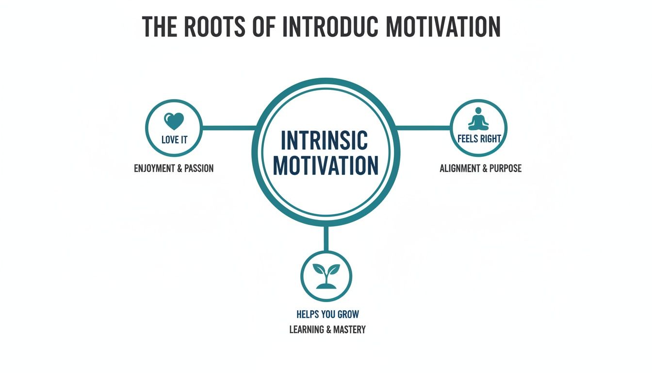 Diagram illustrating the roots of intrinsic motivation, including enjoyment, alignment, and growth.