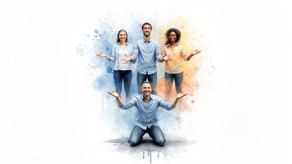 Five diverse, smiling individuals with open hands presenting, one man kneeling, on a watercolor backdrop.