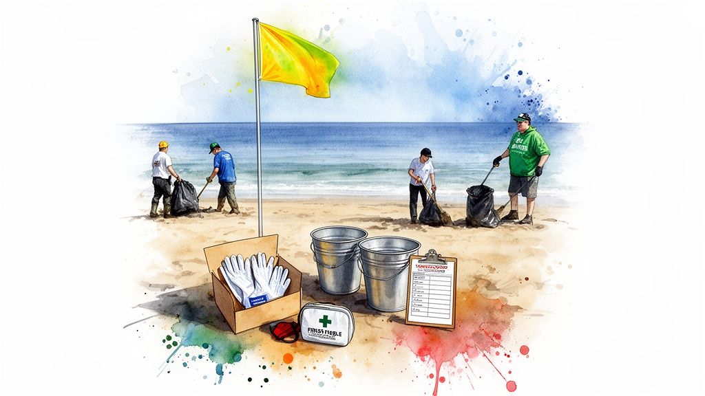 People volunteer to clean up a sandy beach, collecting trash with supplies and a first aid kit.