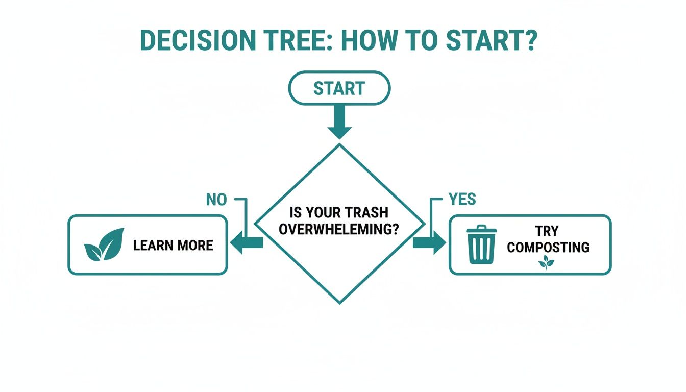 A decision tree flowchart for waste reduction, asking 'Is your trash overwhelming?'. Yes leads to 'Try Composting', No leads to 'Learn More'.
