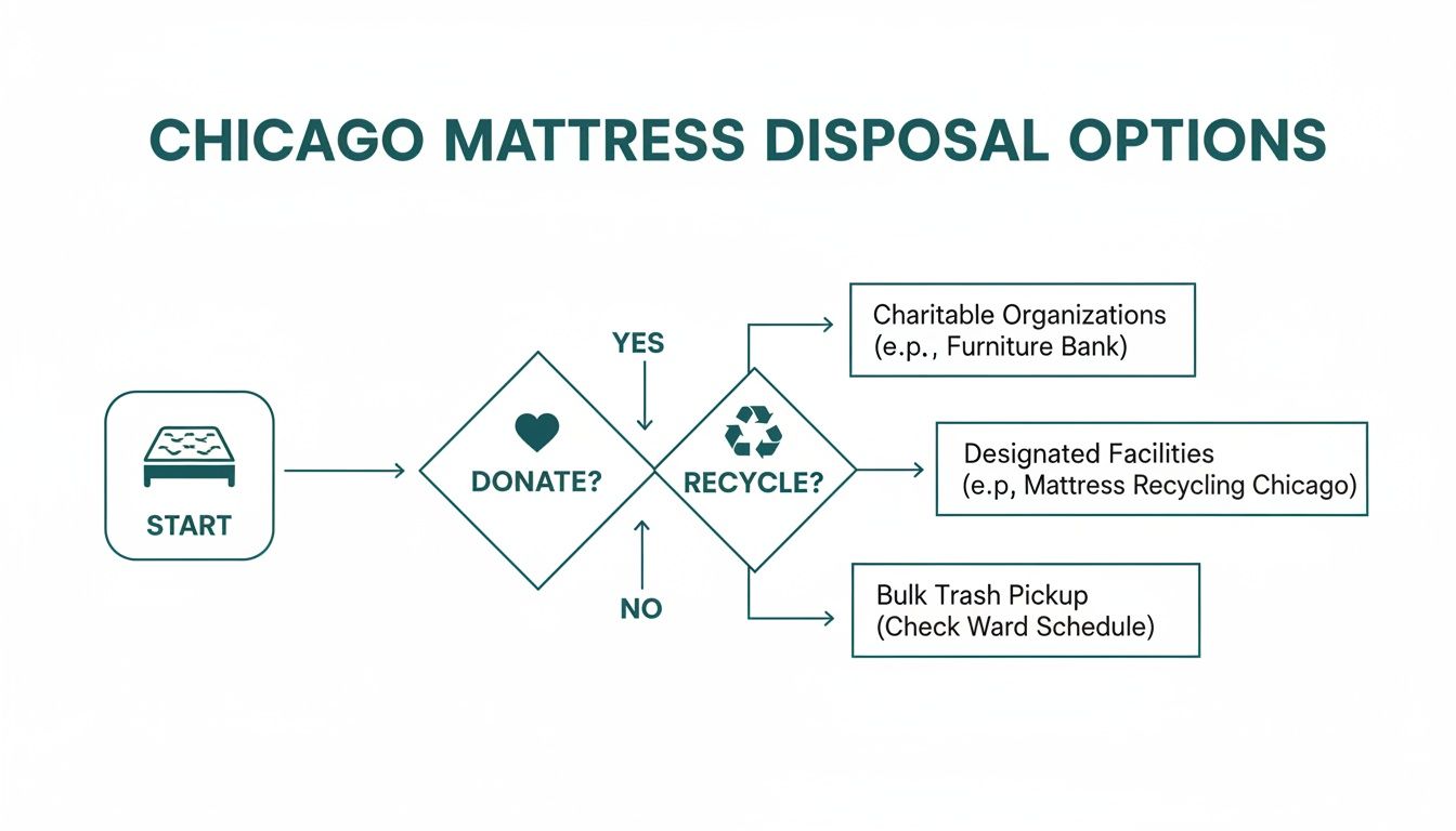 Flowchart detailing Chicago mattress disposal options: donate, recycle, or bulk trash pickup.