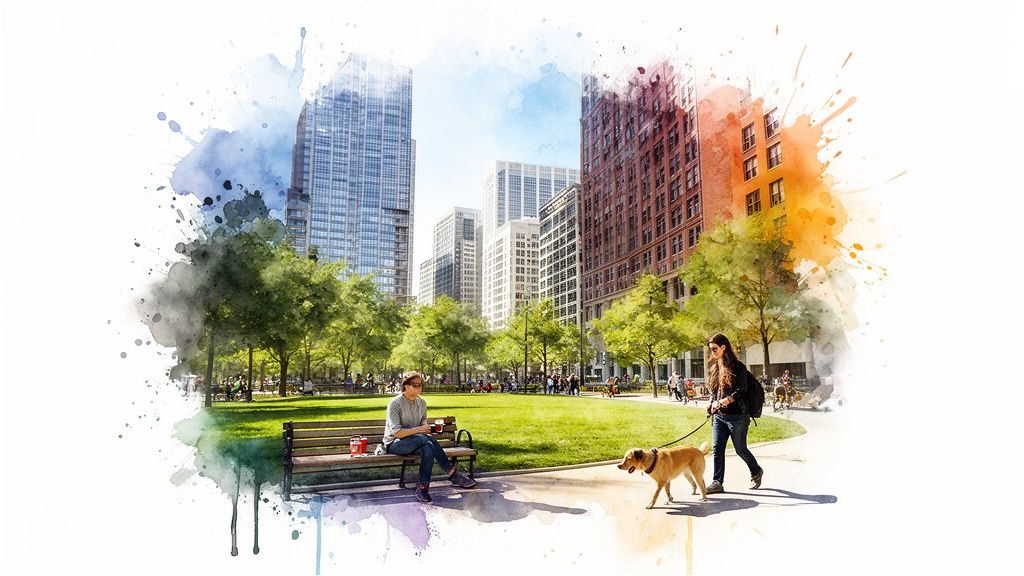 A vibrant watercolor-style image of a city park with people and a dog enjoying a sunny day.