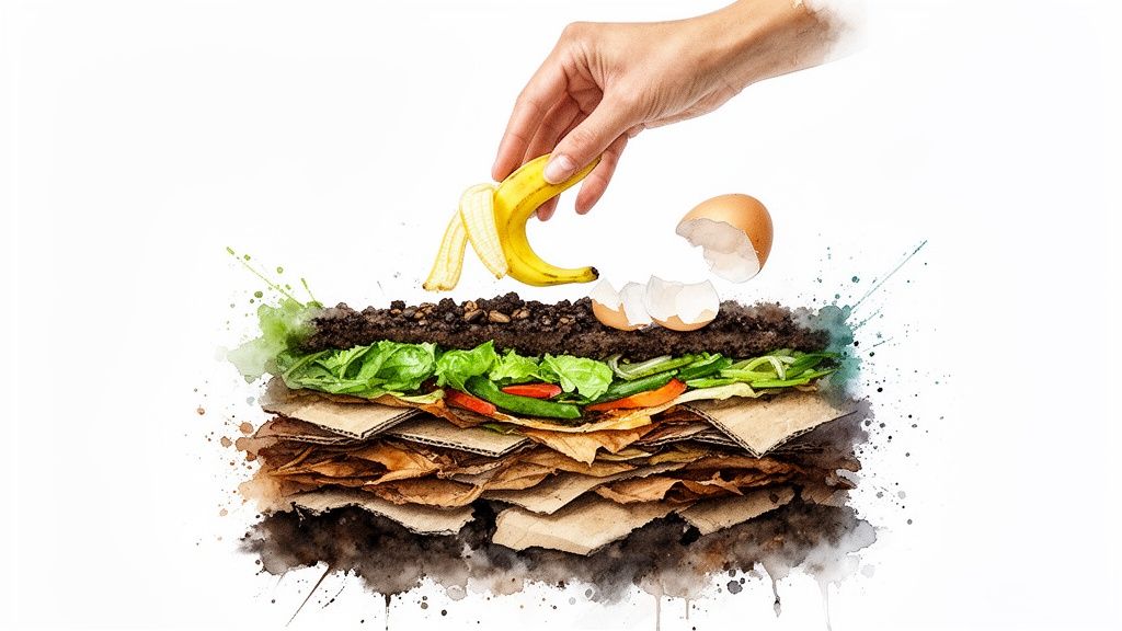 A hand adds a banana peel to a vibrant, layered compost pile with soil, green waste, and cardboard.
