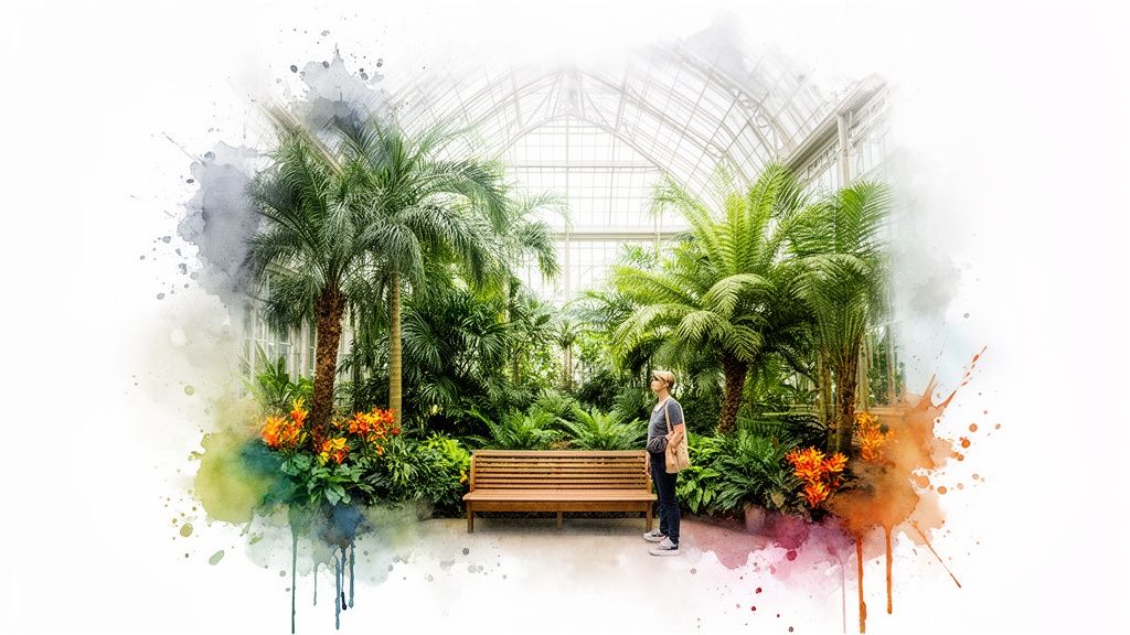 A woman stands in a vibrant greenhouse with palm trees, ferns, and orange flowers.