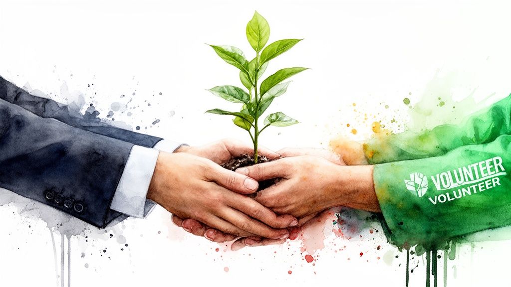 Watercolor image of a businessperson and a volunteer holding a green plant, symbolizing growth and collaboration.