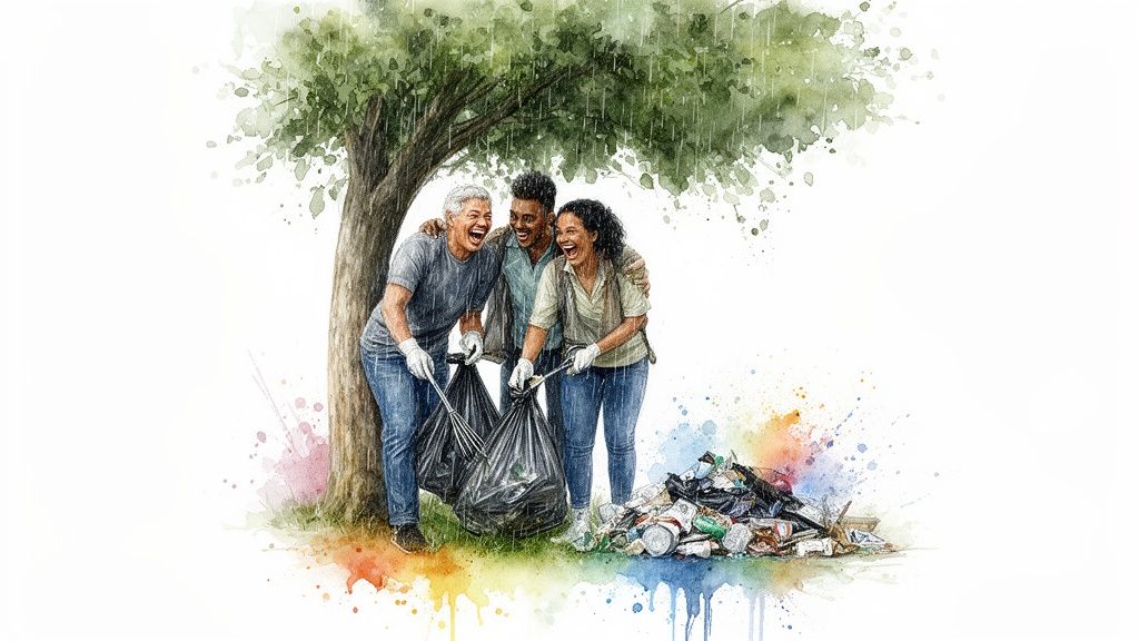 Three diverse people joyfully collecting trash under a tree in a watercolor painting, promoting environmental cleanup.