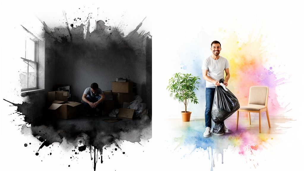 Split image: a man in a dark, messy room contrasted with him smiling in a clean, colorful room, holding a trash bag.