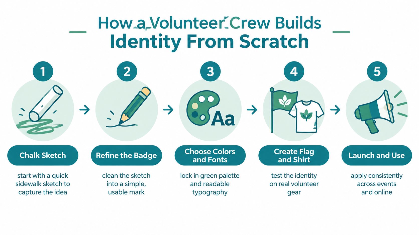 A step-by-step infographic showing five stages of a volunteer crew creating a new brand identity.