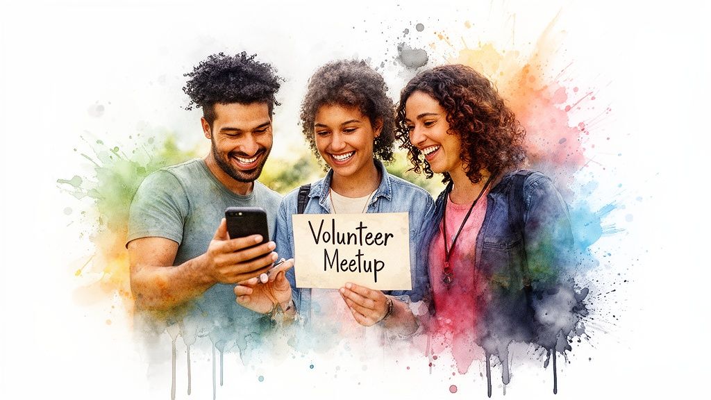 Three diverse, smiling friends at a volunteer meetup, looking at a smartphone with colorful splashes.