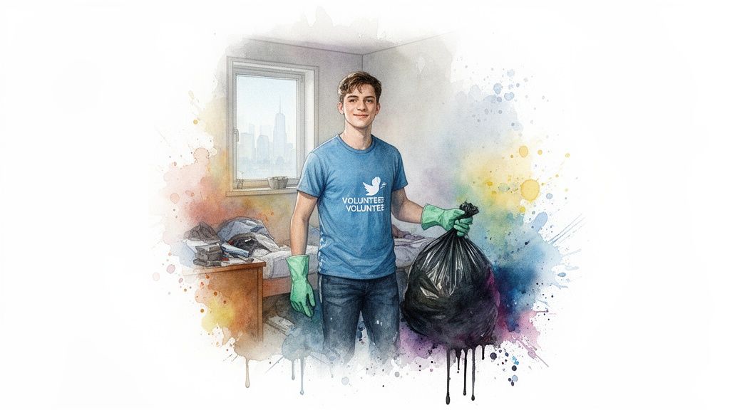 Smiling young man in a volunteer shirt and green gloves holding a trash bag in a room.