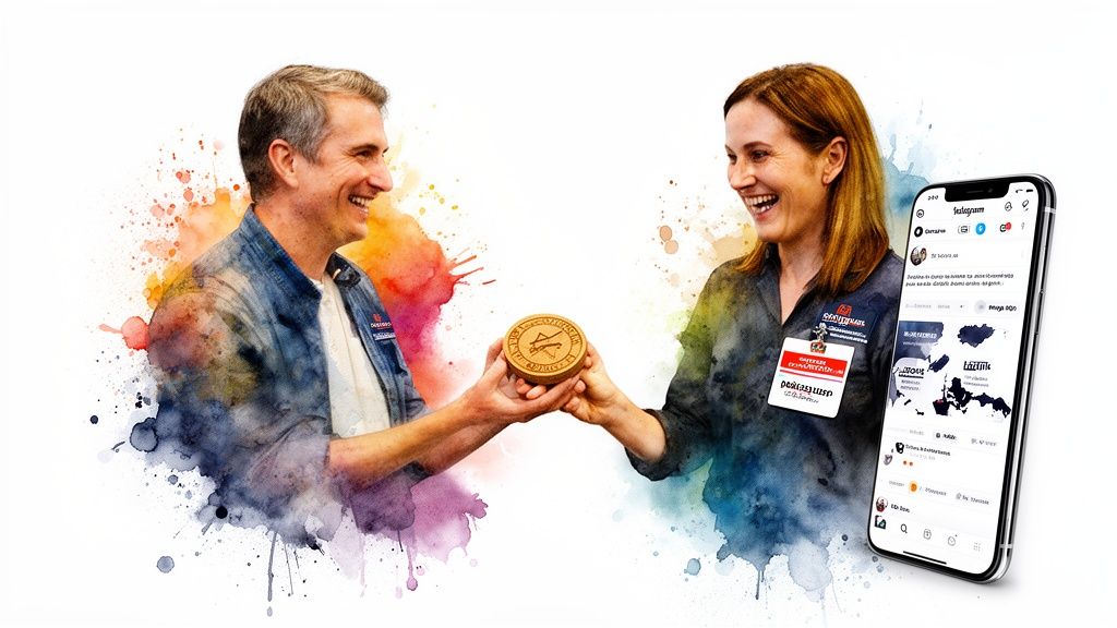 Man and woman smiling, exchanging a wooden coin, with a smartphone and watercolor effects.