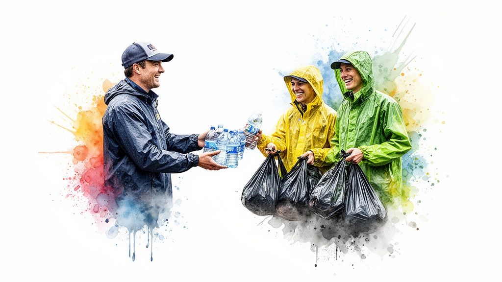 Three people in raincoats, one offering water bottles to two holding trash bags after a cleanup.