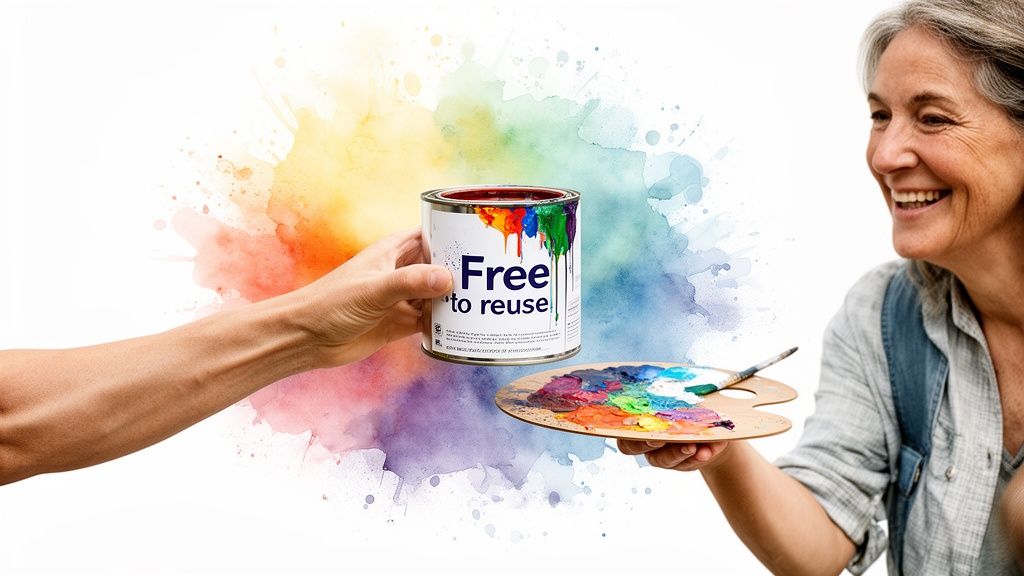 Hands exchange a 'Free to reuse' paint can and an artist's palette with a smiling woman.