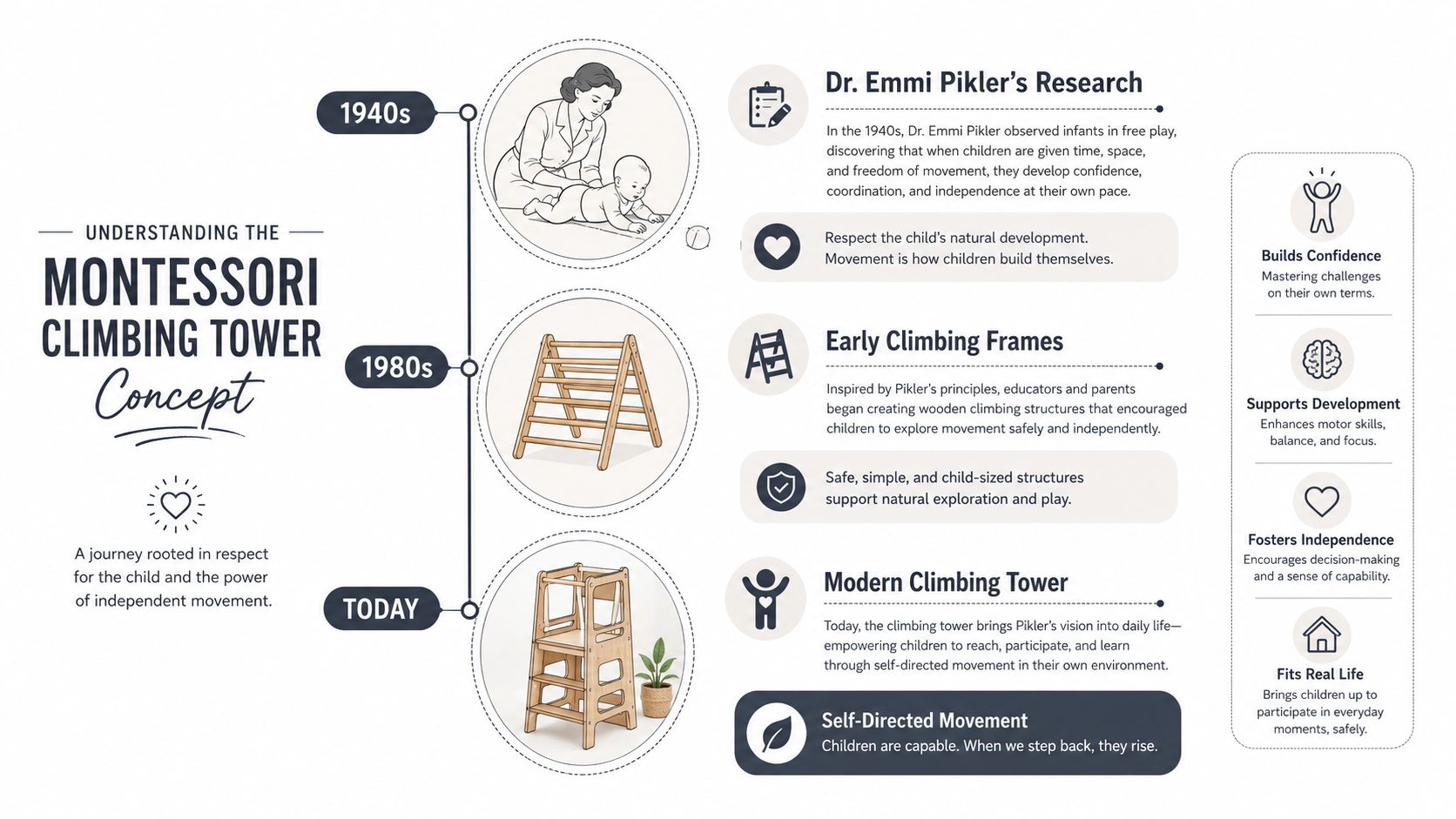 An infographic showing the evolution of the Montessori climbing tower concept from the 1940s to today.