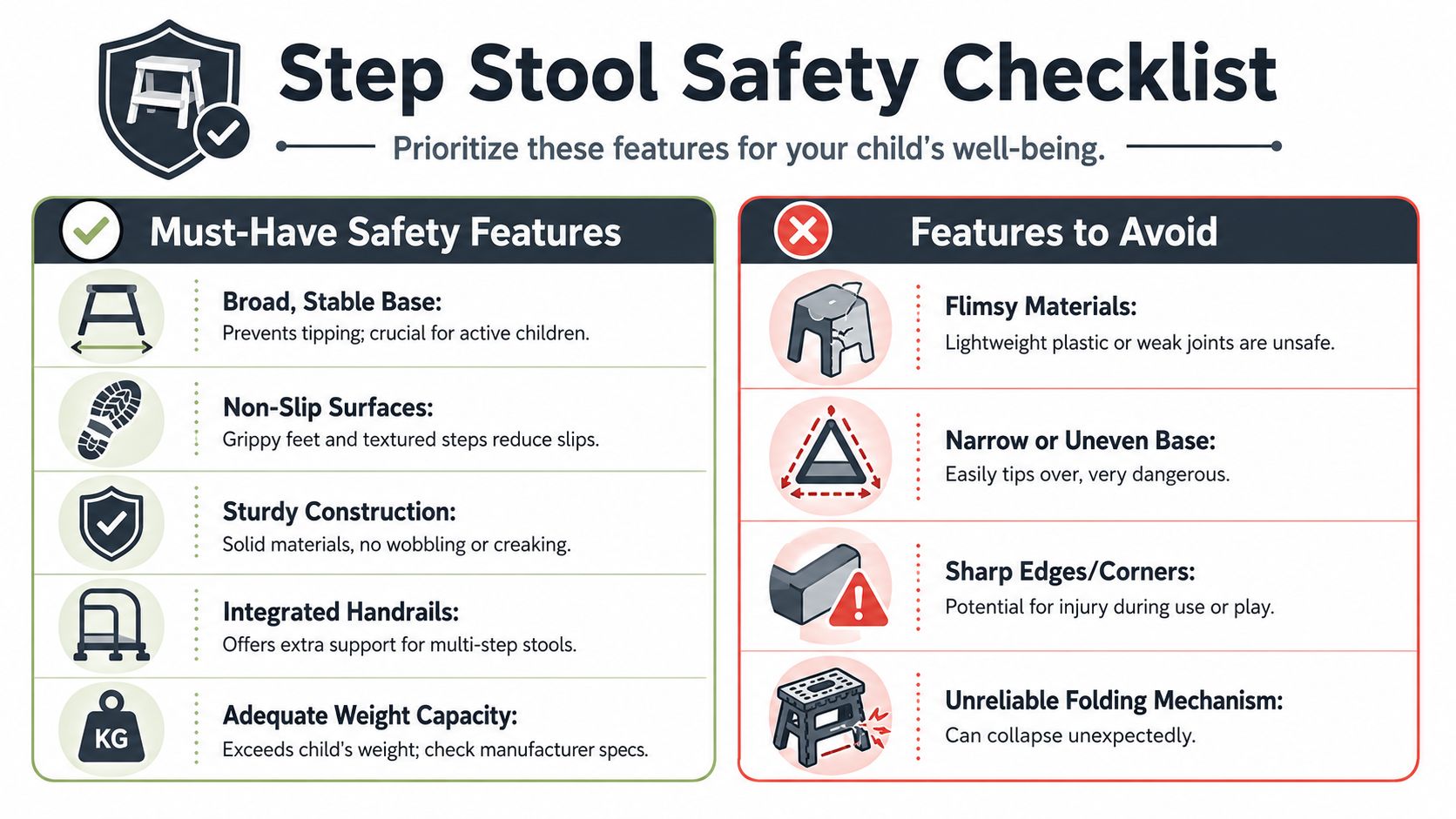 A safety checklist infographic illustrating key features to prioritize and avoid when choosing a child's step stool.