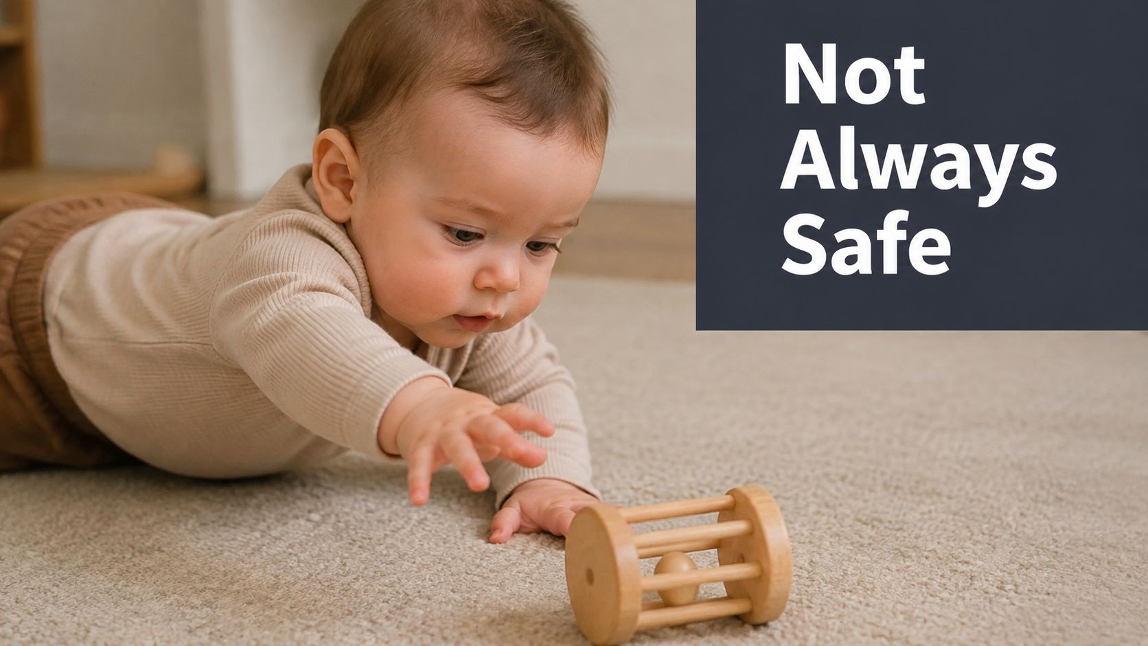 A curious baby in a beige outfit reaches out to play with a wooden toy on carpet.