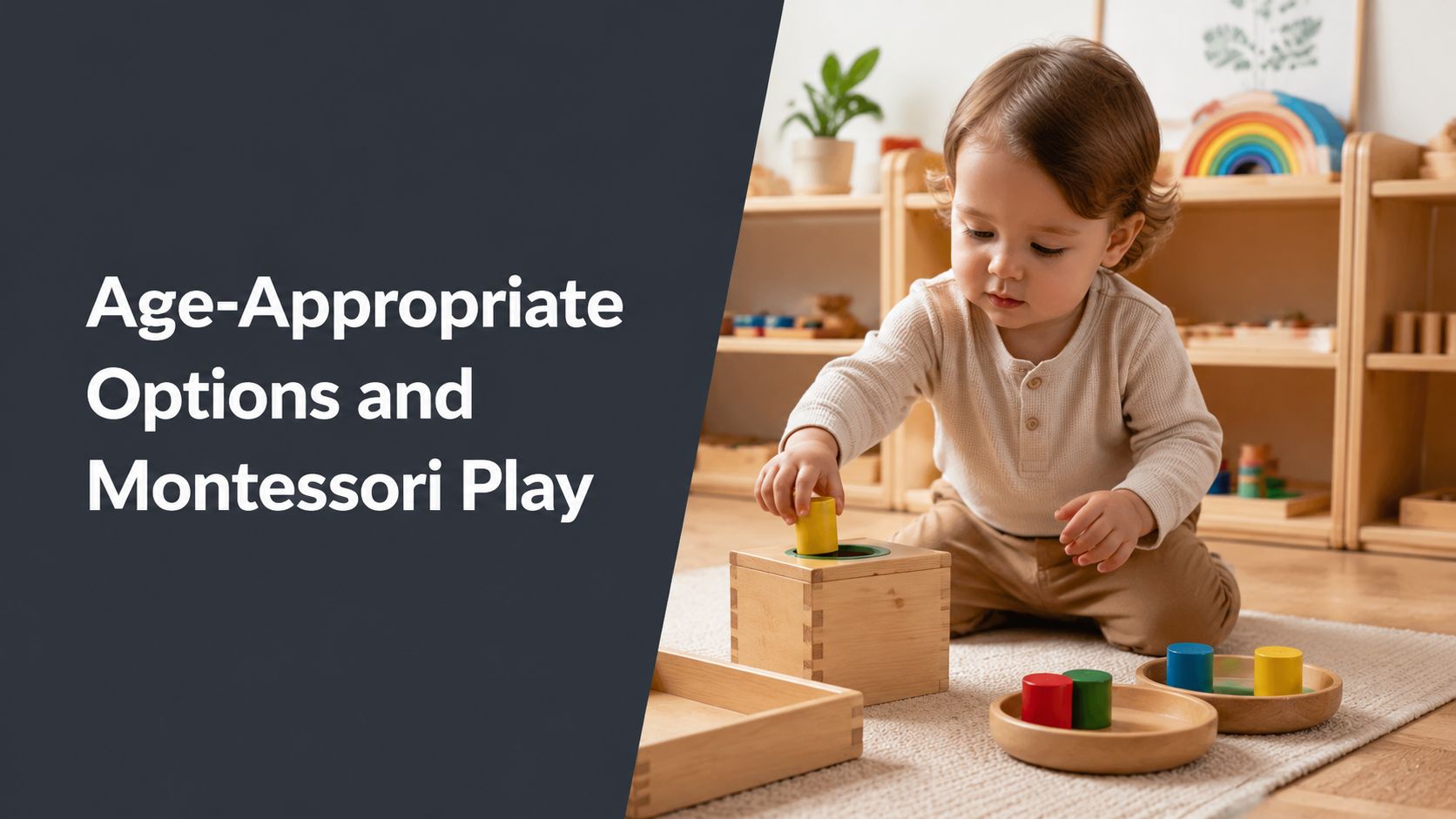 A toddler engages in Montessori play with wooden shape sorting toys on a soft floor mat.