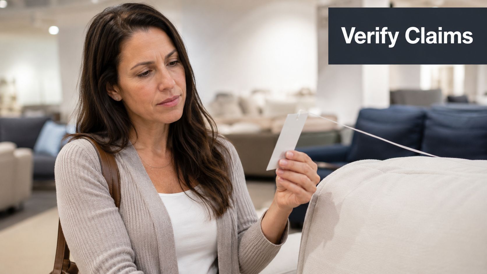A woman examining a product tag on a piece of furniture in a retail store showroom.