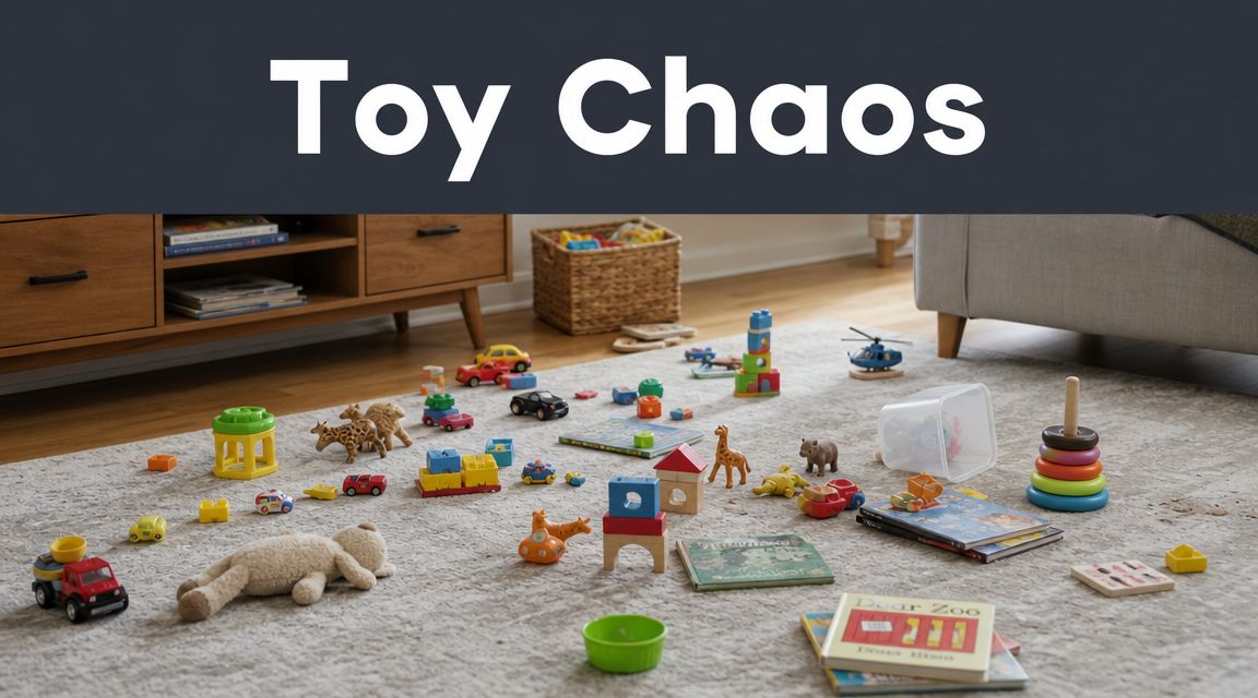 A living room floor covered with a variety of colorful toys, books, and blocks on a carpet.