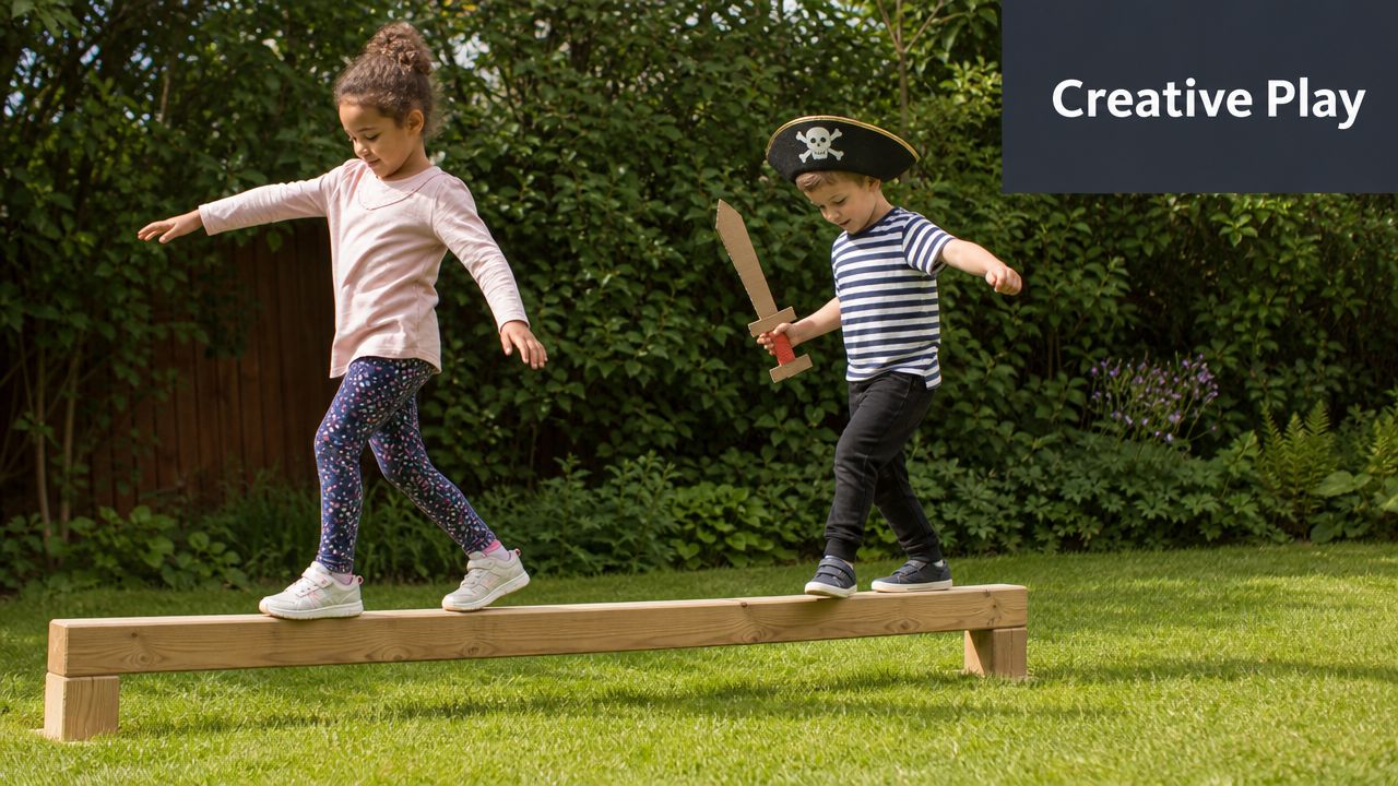 A young girl and a boy in a pirate costume walking across a wooden balance beam outdoors.