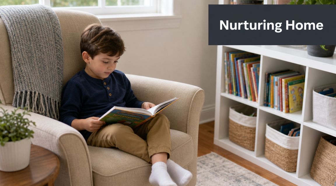 A young boy sits comfortably in an armchair reading a book in a cozy home library setting.
