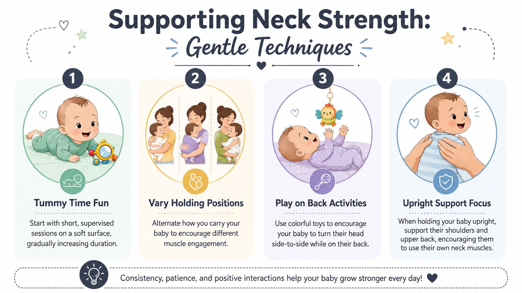 An infographic showing four gentle techniques to help support and strengthen an infant's neck and head control.