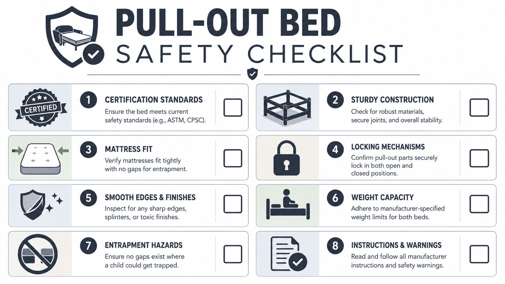 An infographic titled Pull-Out Bed Safety Checklist featuring eight essential safety steps for furniture