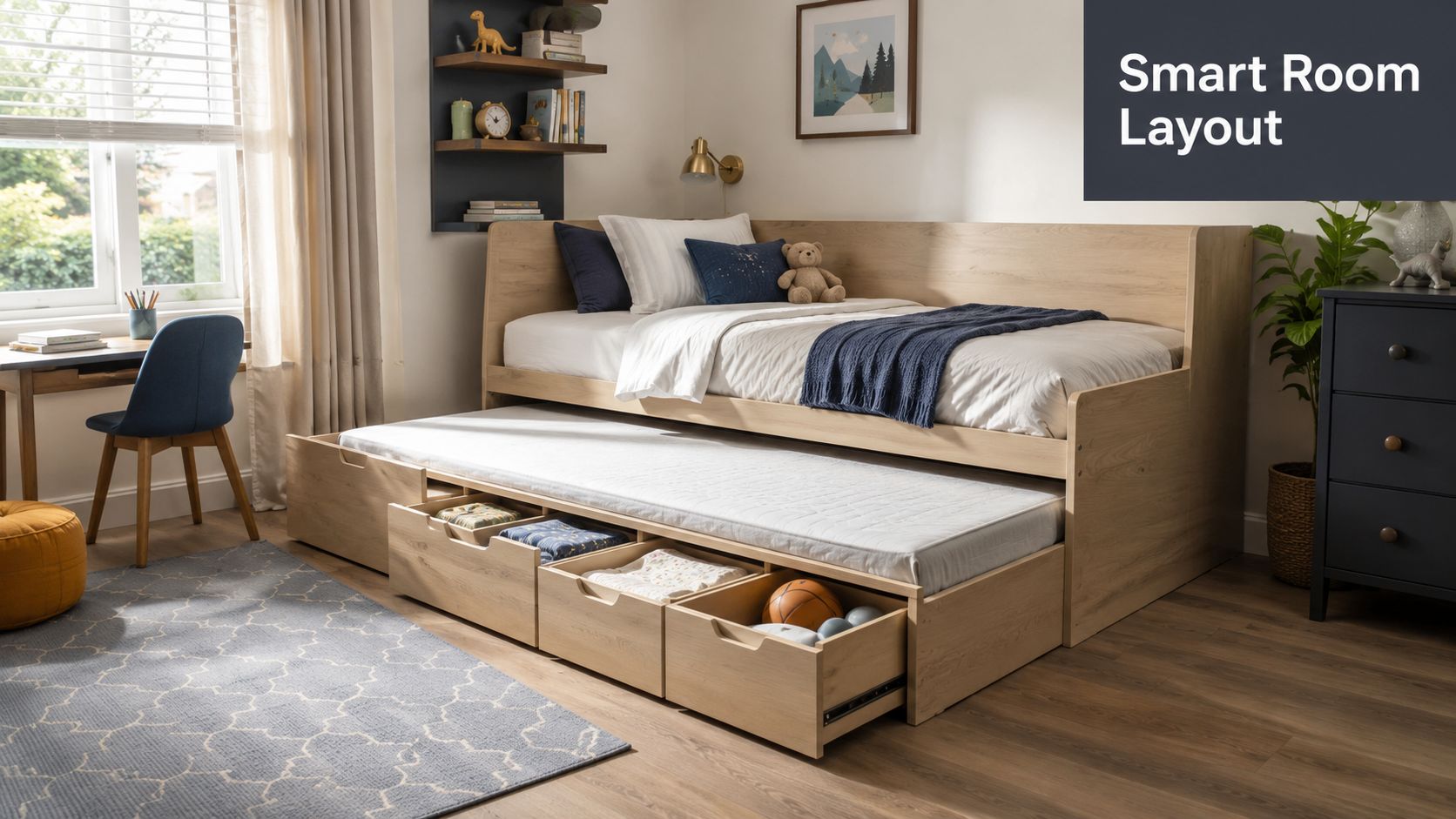 A modern children's daybed with a pull-out trundle bed and integrated storage drawers in a bedroom.