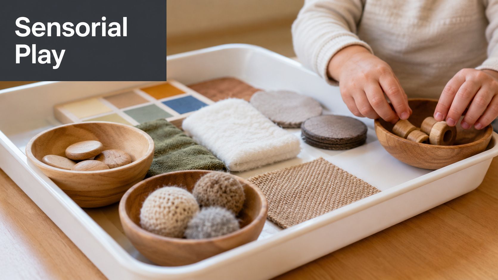 A child engages in Montessori sensorial play, exploring various textures, wooden shapes, and fabrics on a tray.
