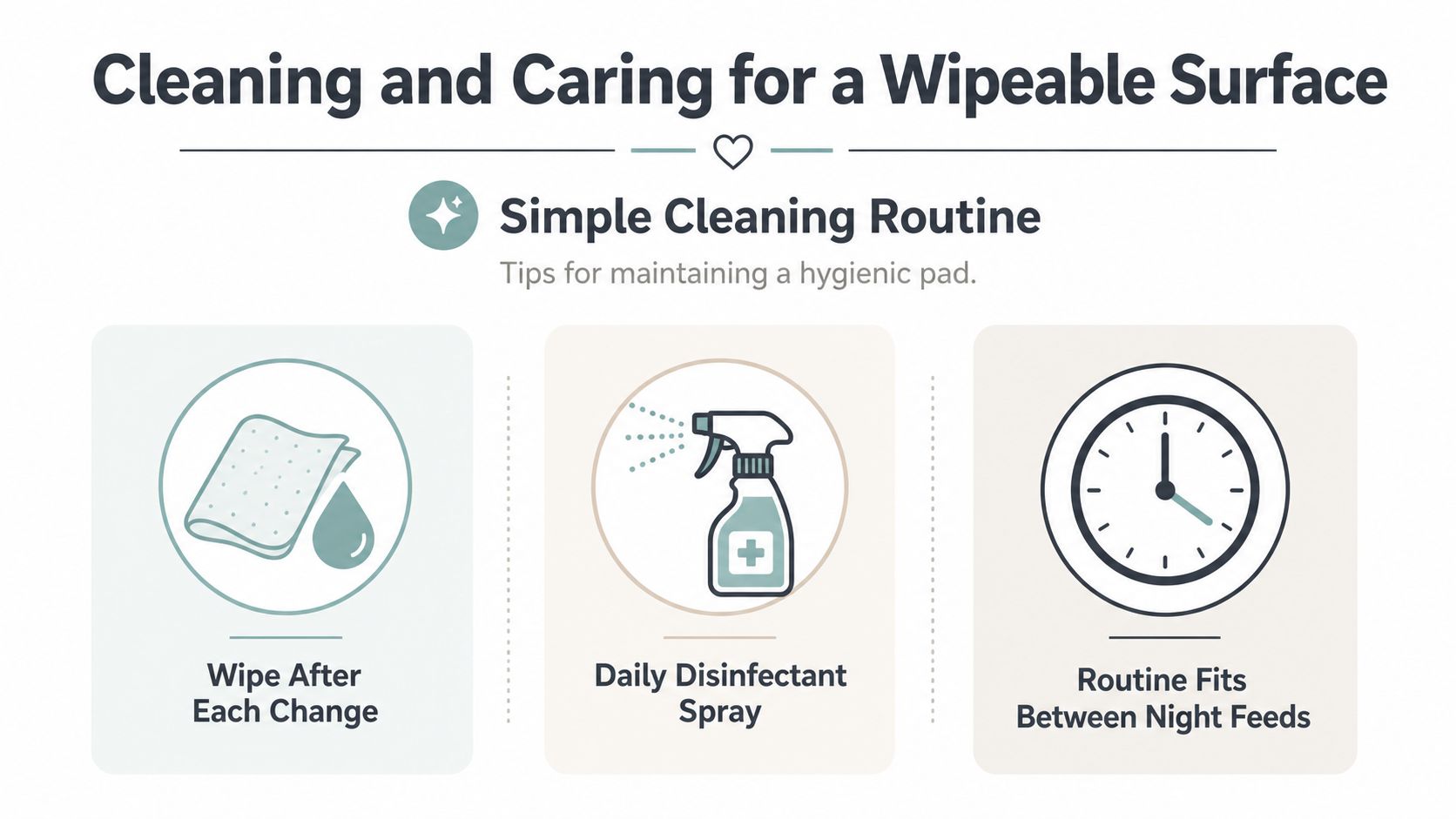 An infographic showing three steps to clean a baby changing pad including wiping, disinfecting, and maintenance.