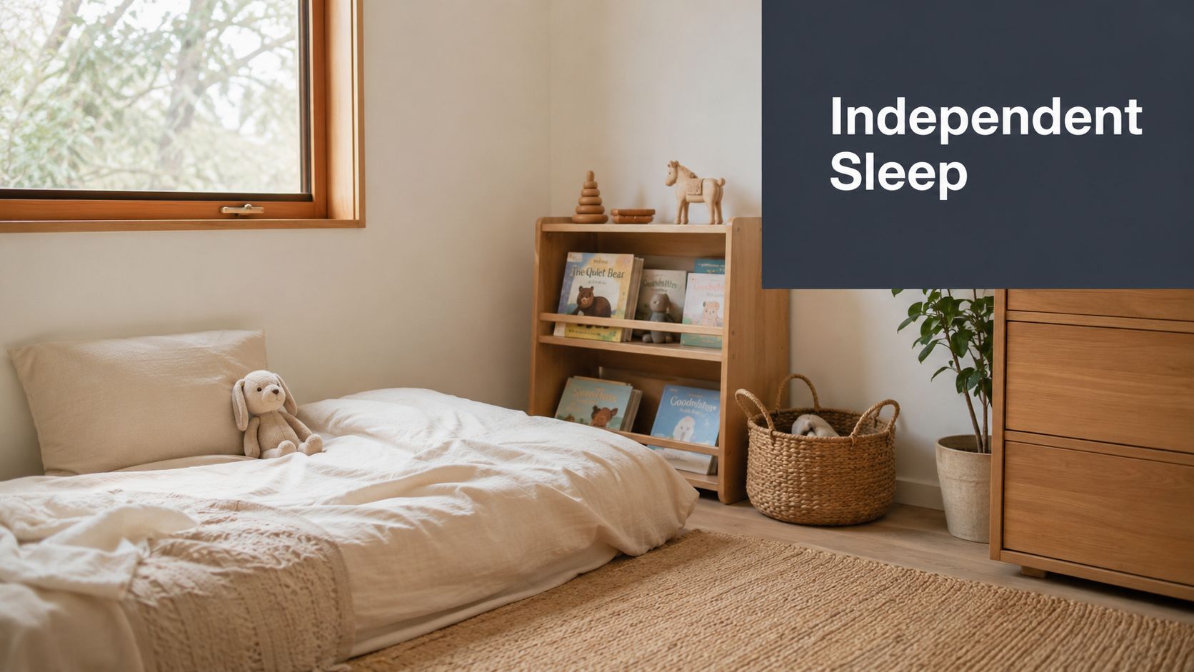 A cozy Montessori style nursery featuring a floor bed, wooden toy shelf, and soft neutral decor elements.