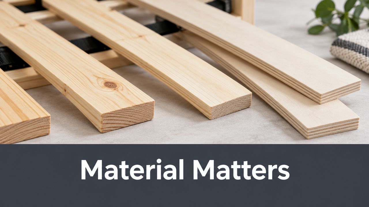 A close-up view of wooden bed slats showing different wood grain textures on a grey surface.